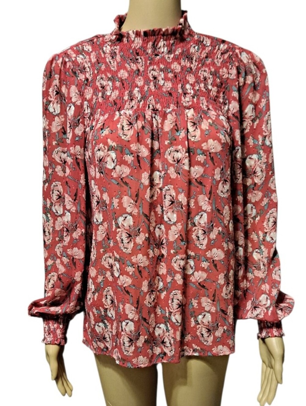 Rachel Zoe Red Floral Smocked Neck Long Ballon Sleeve Blouse